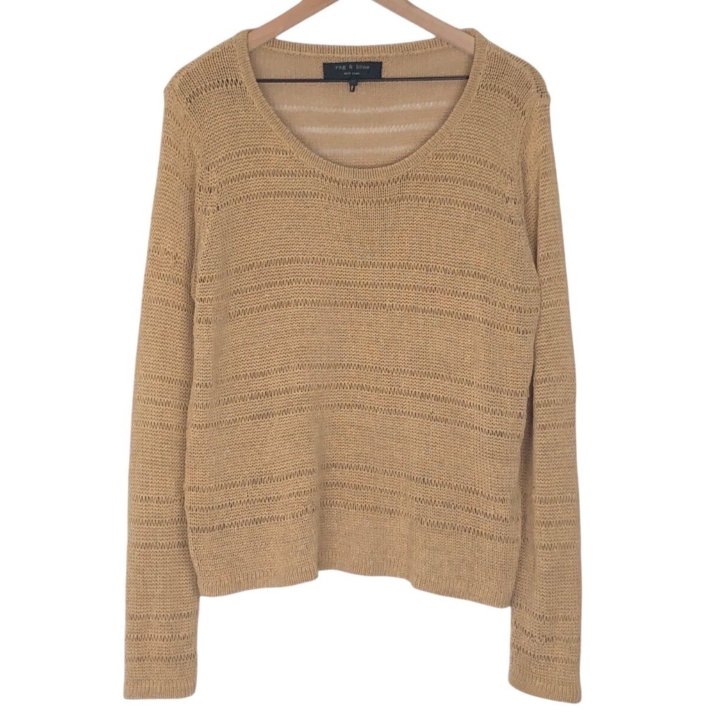 RAG & BONE New York Cotton Silk Sweater Sz M Camel Tan Open Knit L/S Scoop